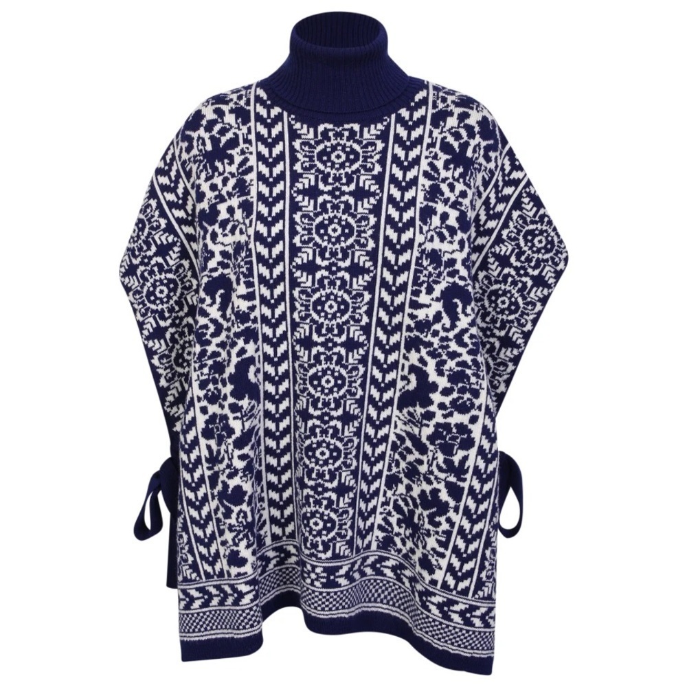 LA DoubleJ Norwegian Bicolore High Neck Poncho Floral Navy Blue NWT Size Small